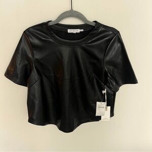 Good American Black Faux Leather Short Sleeve Top